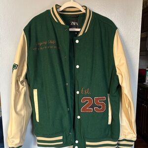 Zara Varsity Jacket in Green and Cream